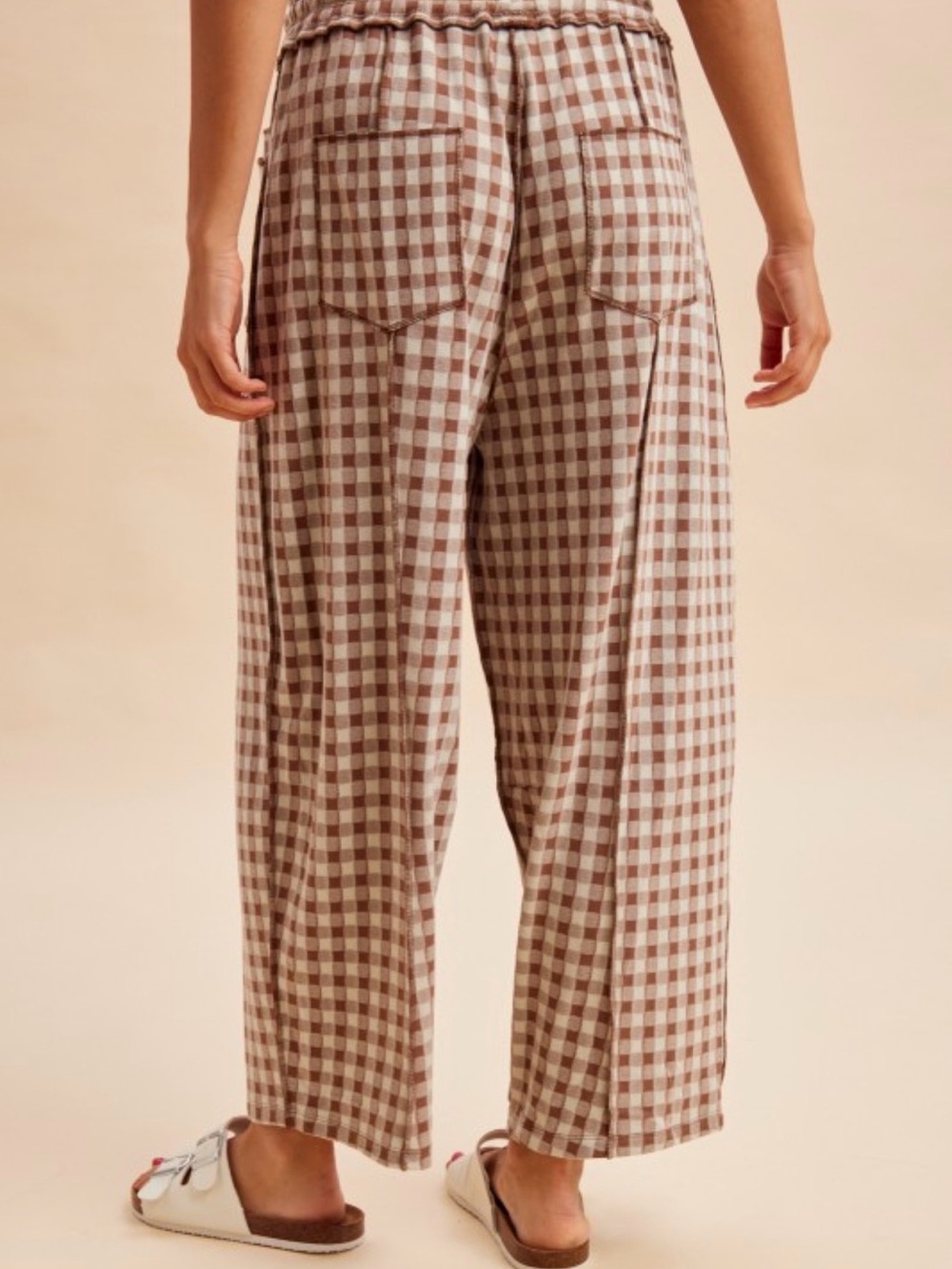 Anniewear Gingham checkered Drawstring brushed knit barrel Pants - Brown/cream - Picture 3 of 5